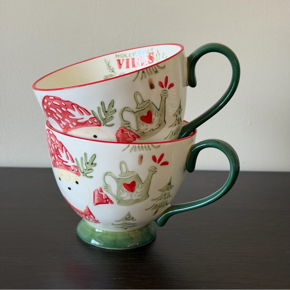 World Market Holly Jolly Vibes Christmas Mugs Woodland Santa Set of 2 NWOT